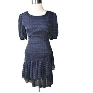Vintage Hanae Mori Boutique Dress Navy Blue Asymmetrical Hem Size Small